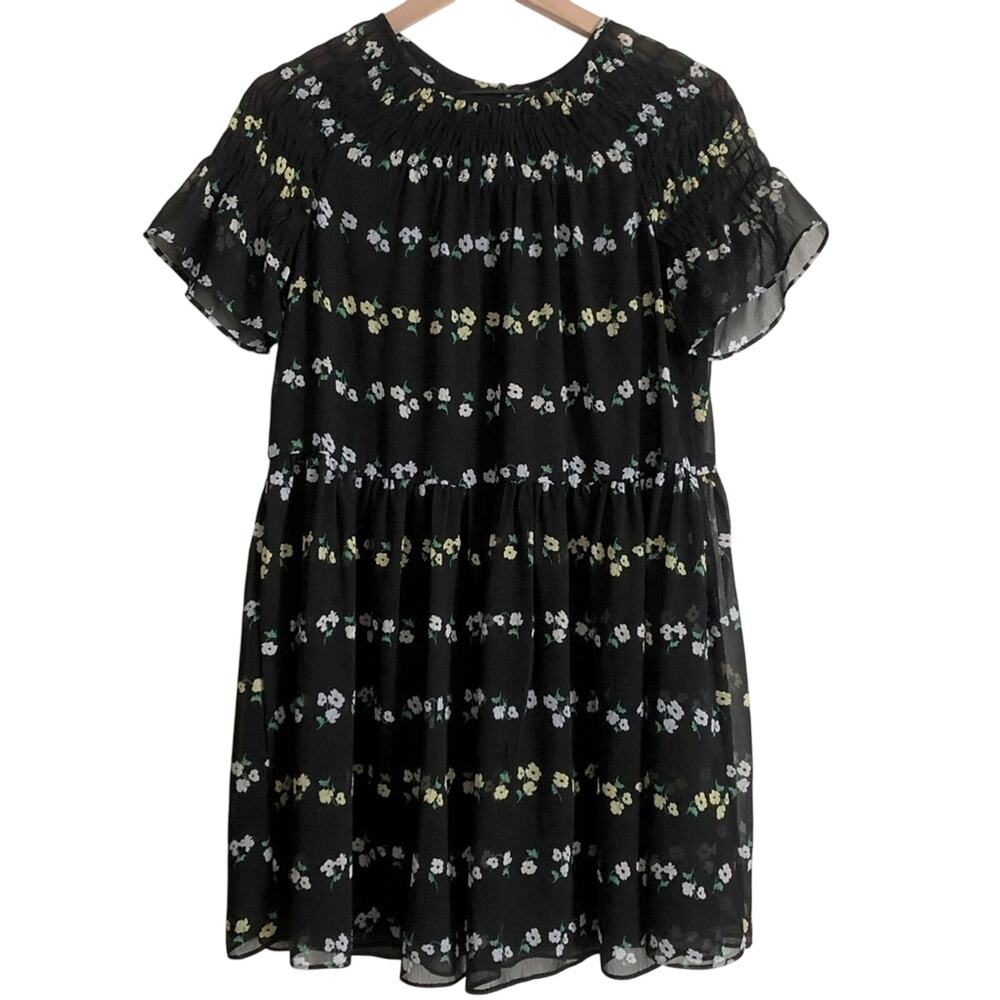 Ann Taylor Black Floral Bell Sleeves Flowy Mini Swing Dress Small Petite